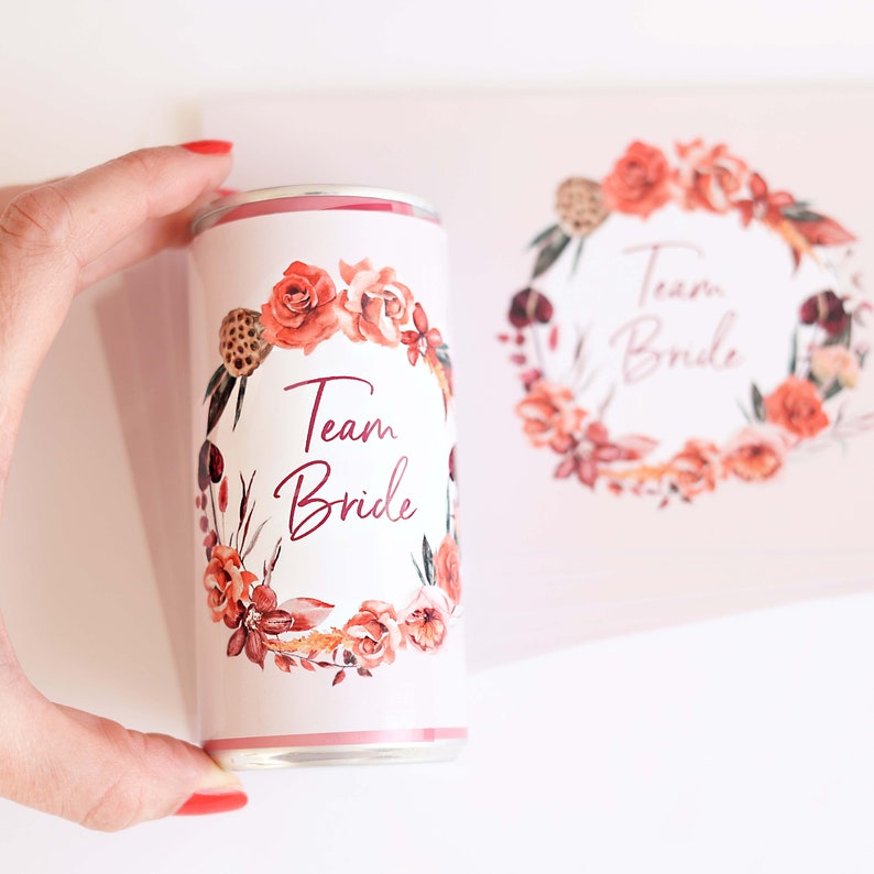 Prosecco drinks cans banderoles stickers for JGA decoration wedding red flowers roses boho image 4