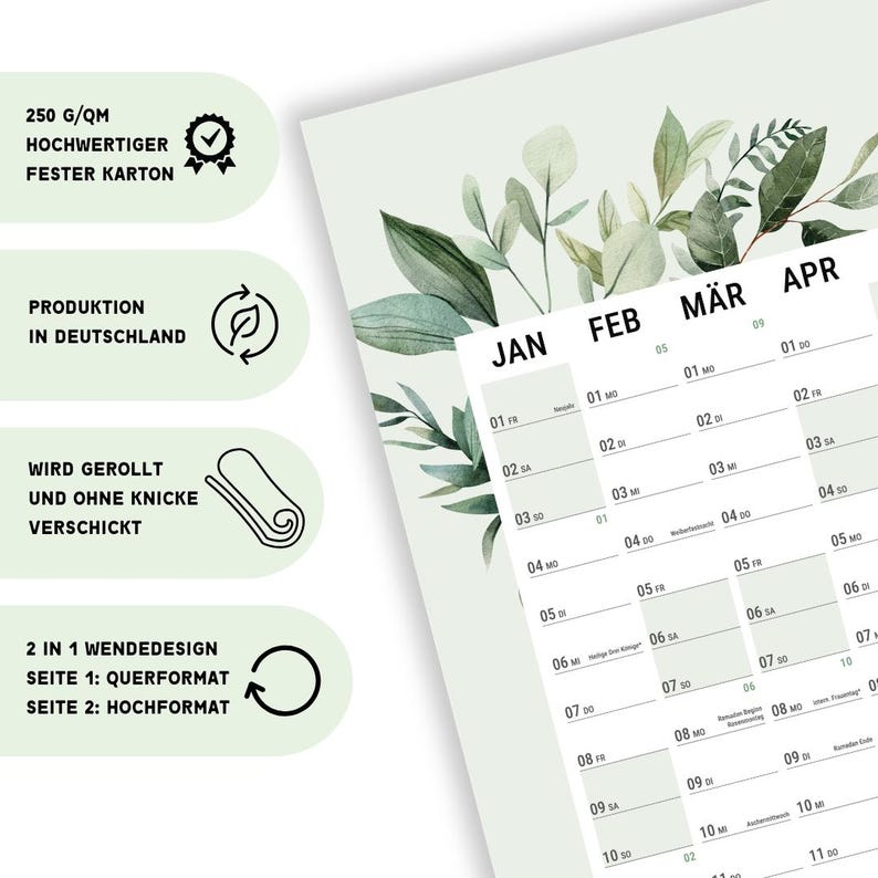 2027 Wall Planner A2 heaven+paper I Greenery rolled I Portrait or landscape format I Annual calendar wall planner school holidays / public holidays / calendar weeks image 4
