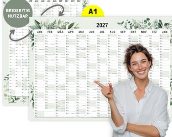 A1 Wandkalender 2027 Eukalyptus gefaltet Jahreskalender Hochformat und Querformat (84x60cm) Wandplaner Feiertagen/Kalenderwochen