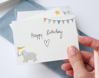 50 mini cartes A7 éléphant et étoile avec boîte transparente comme étiquettes cadeaux, cartes de vœux ou notes pour un petit message de vœux pour enfants et bébés