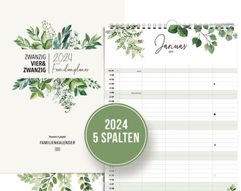 A3 / 5 Spalten -  Familienplaner 2024 Greenery Eukalyptus Familienkalender 2024, Wandkalender A3