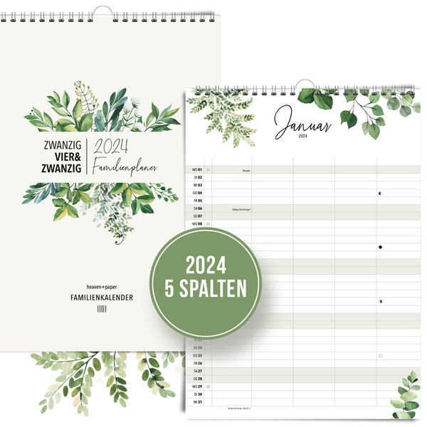 A3 / 5 Spalten -  Familienplaner 2024 Greenery Eukalyptus Familienkalender 2024, Wandkalender A3