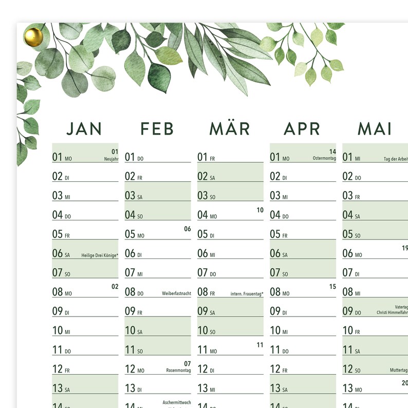 A1 Wandkalender 2024 GREENERY gefaltet Jahreskalender Querformat 84x60cm klimaneutraler Wandplaner 13 Monate Feiertagen/Kalenderwochen Bild 4