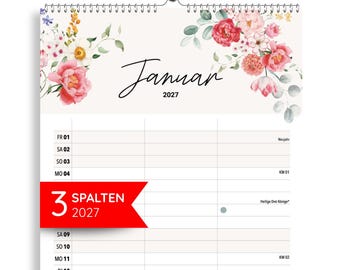 Op de afbeelding: Een wandkalender voor januari 2027 met een florale aquarelillustratie van roze en rode rozen met groene bladeren aan de bovenzijde. Het kalenderraster bevat drie kolommen voor planning, met Duitse tekst voor de dagen van de week en de data.