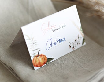 Elegant place cards (Autumn) to set up for autumn with pumpkin and grasses
