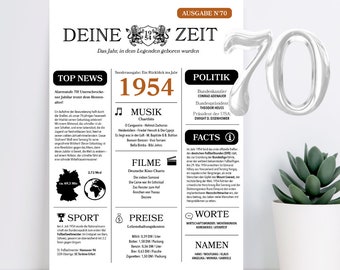 70. Geburtstag - lustige personalisierte Geburtstagskarte oder Plakat mit Jahr 1954 Zeitung Layout