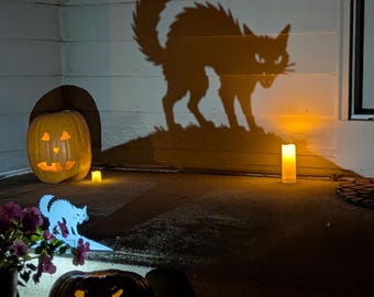 Può includere: Una scena di Halloween con una zucca intagliata illuminata, una sagoma di gatto nero e un ritaglio di gatto blu. La scena è illuminata da candele, creando un'atmosfera spettrale. È visibile anche un vaso di fiori rosa.