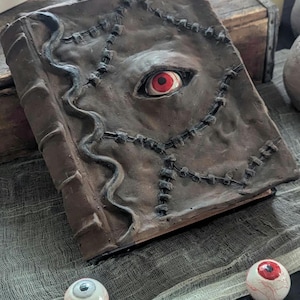May include: A brown, textured book with a raised, sculpted eye featuring a red iris and black pupil centred on the front cover. The cover displays dark, stitched detailing and a wavy, raised line running along the spine edge of the book.