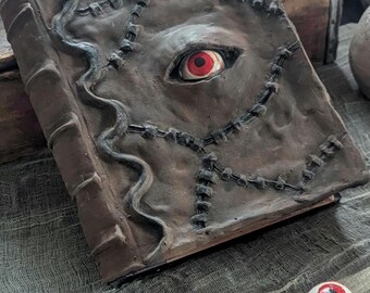 Può includere: Un libro marrone testurizzato con un occhio scolpito in rilievo, dotato di iride rossa e pupilla nera, centrato sulla copertina. La copertina presenta dettagli di cuciture scure e una linea ondulata in rilievo lungo il dorso del libro.