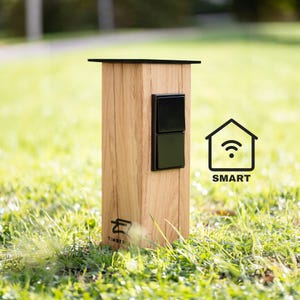 Solid wood garden power outlet | Designer power outlet column with Wi-Fi | Smart controllable | Handcrafted, weatherproof outdoor power outlet