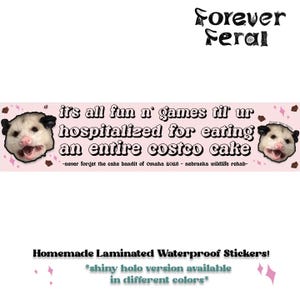 May include: A pink and white sticker with a possum and the text "it's all fun n' games til ur hospitalized for eating an entire costco cake -never forget the cake bandit of Omaha 2025 - nebraska wildlife rehab-". The sticker has a white border and the text is in a retro font. The sticker is labeled "Homemade Laminated Waterproof Stickers! *shiny holo version available in different colors*"