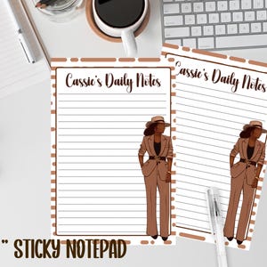 May include: Two 4x6 inch sticky notepads with the text "Cassie's Daily Notes" at the top. Each notepad features a brown border and a lined interior. An illustration of a woman in a brown suit and hat is on the right side of the notepad.