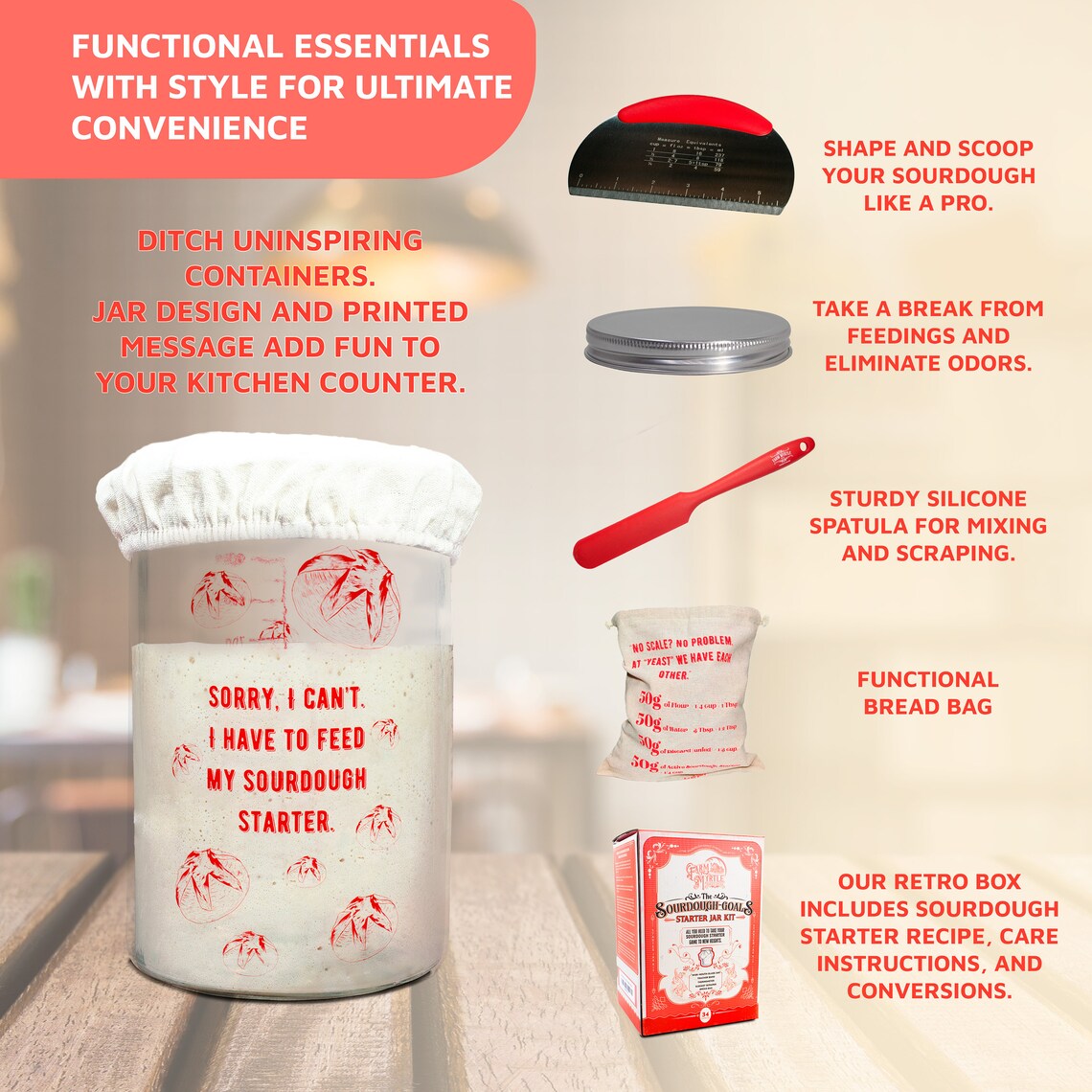 ABIOTO Sourdough Jar Kit, Includes 34 Oz Sourdough Starter Jar With Metallic Lid, Silicone Spatula, Feeding Tracker, Extra Thermometer Strips & Breathable Covers – Sourdough Bread Starter Kit