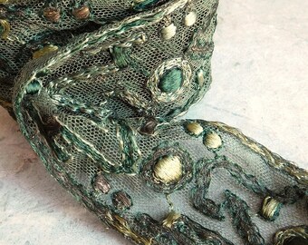 Antique Embroidered Tulle Net Trim - Art Deco Style - Shades of Green and Metallic - 1920s - 2.44 yards - 2-1/4" Wide - Free US Shipping