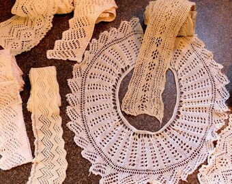 Vintage Knitted Lace Trim Lot - 6 Different Patterns, White to Ecru - Grab Bag - Embellishment - Variety Pack - Free Shipping