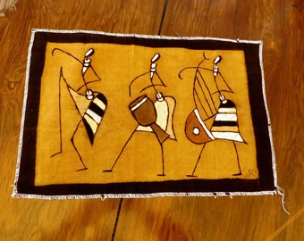 Vintage Authentic Mali Mudcloth Textile - For Framing, Wall Hanging, Make Pillow - Dancing and Drumming Figures - Free Shipping