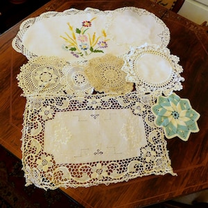 Vintage Doily and Lace Lot Crochet, Embroidery, Italian Needle Lace Placemat, Use Them or Craft Them Free US Shipping image 1