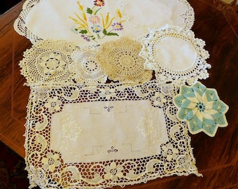 Vintage Doily and Lace Lot - Crochet, Embroidery, Italian Needle Lace Placemat, Use Them or Craft Them - Free US Shipping