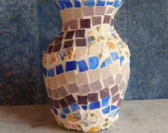 Mosaic Vase - Made from Glass Tile and Reclaimed Pottery Tesserae - Pink, Purple, Blue, Floral - 5-1/2" Tall - OOAK - Free Shipping