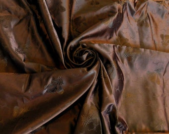 Vintage Chocolate Brown Silk Satin Jacquard Fabric - 3.1 yards x 35" - Textured Pattern - Feather Motif - Free US Shipping