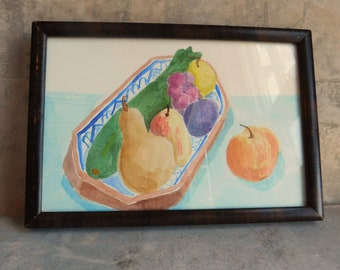 Vintage Original Akvarell Stilleben av Frukt i Träram med Sliten Träram - 15 x 23 cm - Hänger Horisontellt - Fri Frakt USA