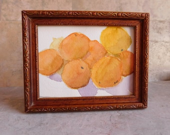 Small Original Watercolor Still Life in Vintage Wood Frame -4-1/2" x 3-1/2" - Easel Back - Fruit Painting - Free US Shipping