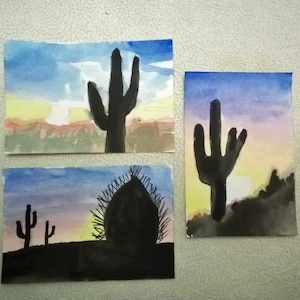 Three Watercolor Miniature Cactus Paintings Framed image 1