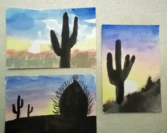 Three Watercolor Miniature Cactus Paintings Framed