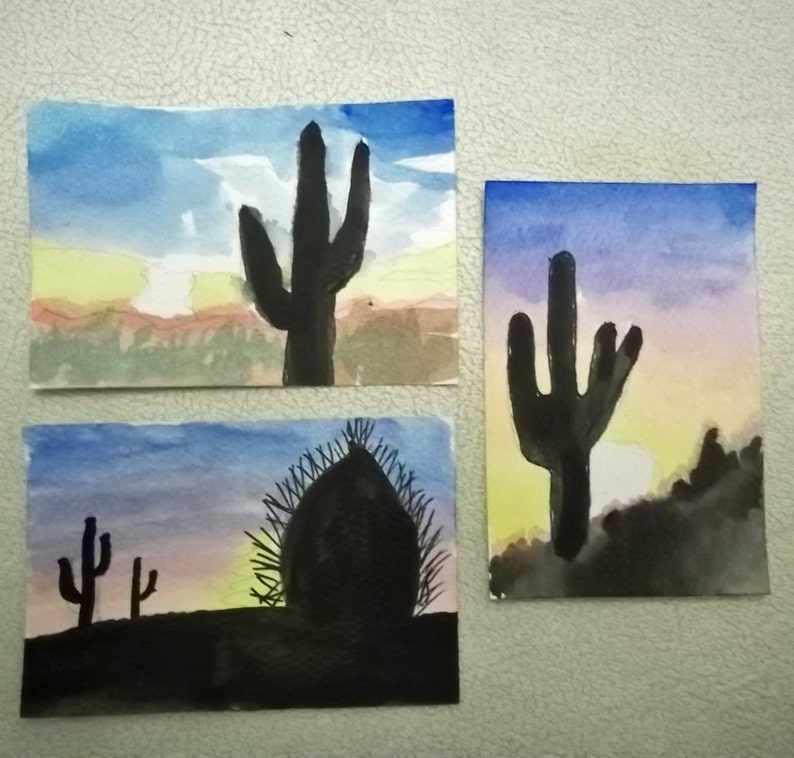 Three Watercolor Miniature Cactus Paintings Framed image 1