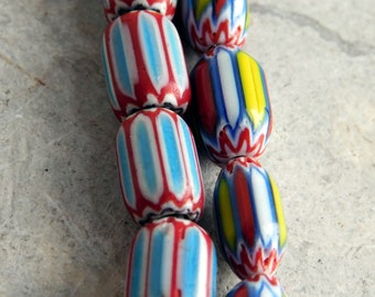 African Trade Beads - Chevron Beads - 2 Short Strands, Total 14 Inches of 10-11 mm Barrel-Shaped Beads - Red & Blue, Red Blue Yellow