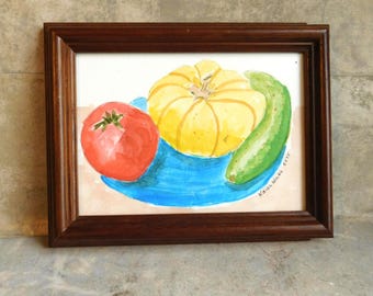 ヴィンテージ オリジナル 水彩画 フルーツ 静物画 アンティーク風木製