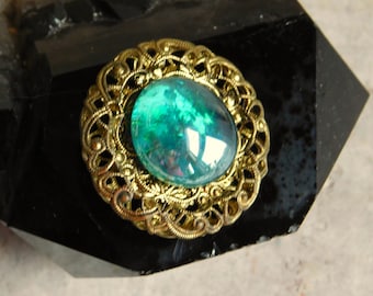 Upcycled Vintage Mid-Century Brooch - Round Brass Filigree w/ Iridescent Blue-Green Glass Stone - Free US Shipping