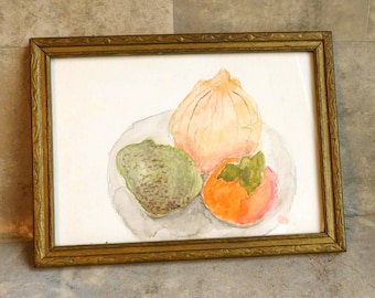 ヴィンテージ オリジナル 水彩画 フルーツ 静物画 アンティーク風木製