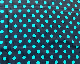 Vintage Shantung Silk Fabric Remnant - 1-2/3 yards x 56 Inches - Black with Teal Blue-Green Polka Dots - Slub Texture - Free Shipping