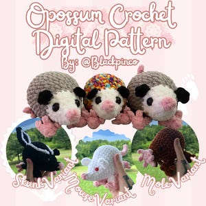 Puede incluir: Un patrón de crochet digital para hacer zarigüeyas y otros animales pequeños. La imagen muestra tres zarigüeyas de ganchillo, un zorrillo, un ratón y un topo. Las zarigüeyas son grises, con orejas negras y narices y pies rosas. El texto dice "Opossum Crochet Digital Pattern".