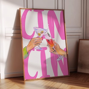 Trendy roze Cin Cin-print, cocktailposter, Cin Cin-poster, Cheers Wall Art, Martini Cheers-print, Cin Cin-afdrukbare kunst, Cin Cin-poster, kunst aan de muur, barwagen
