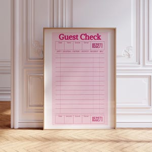 Blank Pink Guest Check Print, Customize Guest Check Poster, Preppy Prints Wall Art Decor, Blank Gift Wall Art, Guest Check Wall Art Poster