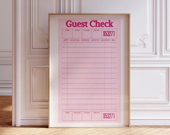 Blank Pink Guest Check Print, Customize Guest Check Poster, Preppy Prints Wall Art Decor, Blank Gift Wall Art, Guest Check Wall Art Poster