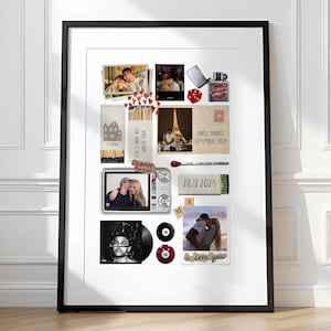 Peut inclure: Un collage encadré avec des souvenirs personnels. Il comprend des photos, un briquet, des dés, une boîte d'allumettes, un appareil photo vintage, un disque vinyle et un ticket. Le collage contient également le texte "Favorite Person" et "I love you".