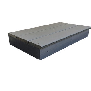 May include: A gray plastic sandbox with a lid. The lid is made of three planks of wood.