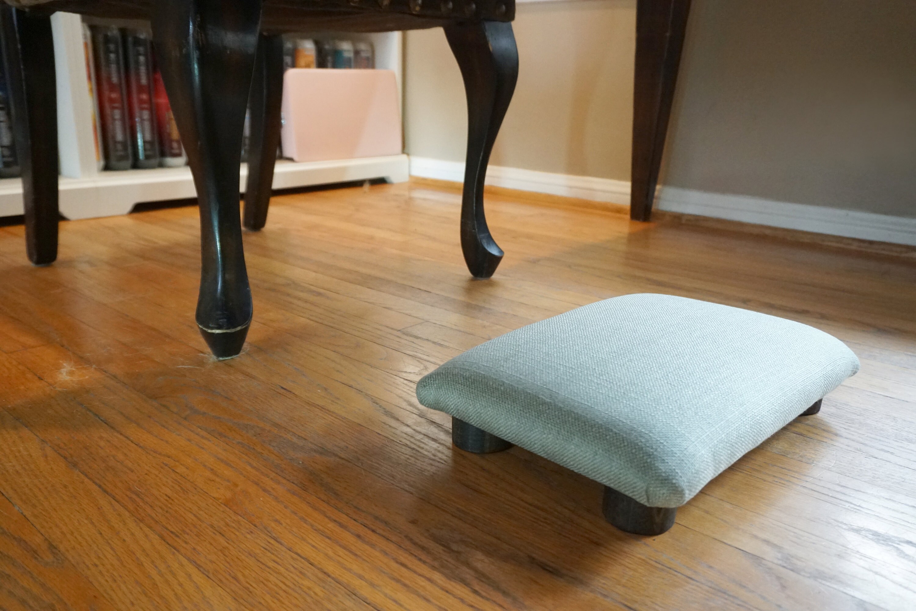 Padded Foot Stool, 3 Tall, Green Velvet Fabric, Tufted With One Button in the Middle, and White