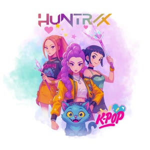 Puede incluir: Ilustración digital con tres figuras femeninas estilizadas con cabello colorido, sosteniendo objetos brillantes. La imagen incluye el texto "HUNTRIX" y "K-POP", junto con un personaje de gato azul. El fondo tiene un efecto de acuarela.