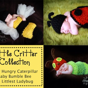 May include: A collection of three crocheted baby costumes: a yellow and black bumble bee, a green caterpillar, and a red ladybug. The costumes are designed for newborn photography props.