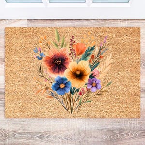 Spring Wildflower Doormat, Floral Welcome Mat, Cute Outdoor Decor, Housewarming Gift, Spring Home Decor Ideas