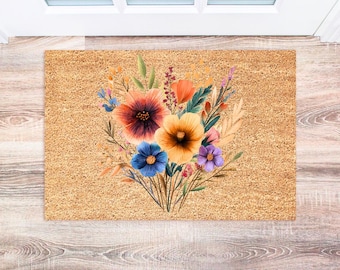 Spring Wildflower Doormat, Floral Welcome Mat, Cute Outdoor Decor, Housewarming Gift, Spring Home Decor Ideas