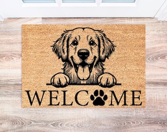 Golden Retriever Doormat, Custom Dog Welcome Mat, Dog Lover Gift, Housewarming Decor, Cute Paw Print Rug