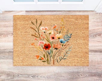 Spring Wildflower Doormat, Floral Welcome Mat, Cute Outdoor Decor, Housewarming Gift, Spring Home Decor Ideas