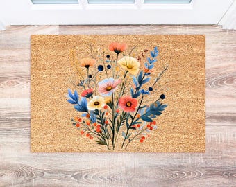 Spring Wildflower Doormat, Cute Floral Front Mat, Outdoor Welcome Decor, Housewarming Gift, Spring Decor