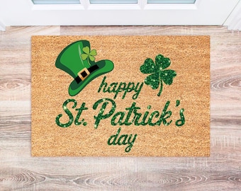 Happy St. Patrick's Day Doormat - Shamrock Door Mat - Housewarming Gift - Green Welcome Mat