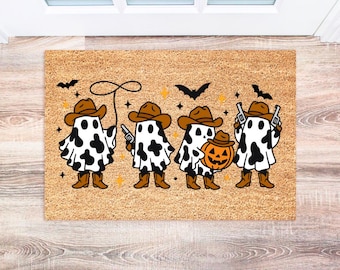 Western Halloween Doormat, Cowboy Ghost Welcome Mat, Funny Fall Decor for Front Porch, Spooky Halloween Rug